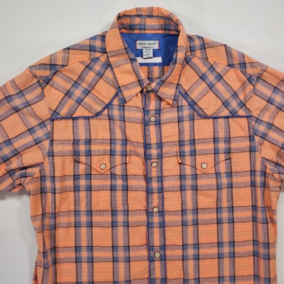 Guess Shirt Mens Medium Light Salmon Plaid Unique Wood Snap Rodeo Cowboy Western - Picture 6 of 15
